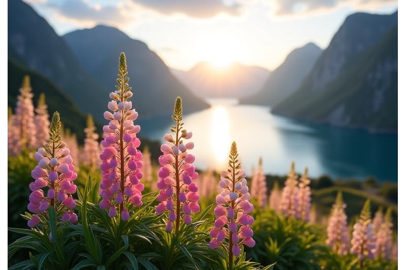 En inspirerende utsikt over norsk fjordlandskap med blomster i forgrunnen, symboliserer stiftelsen av Engblomst Opplevelser.