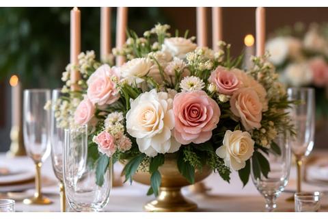 Elegant dekket bryllupsbord med blomster, lys og fine glass.