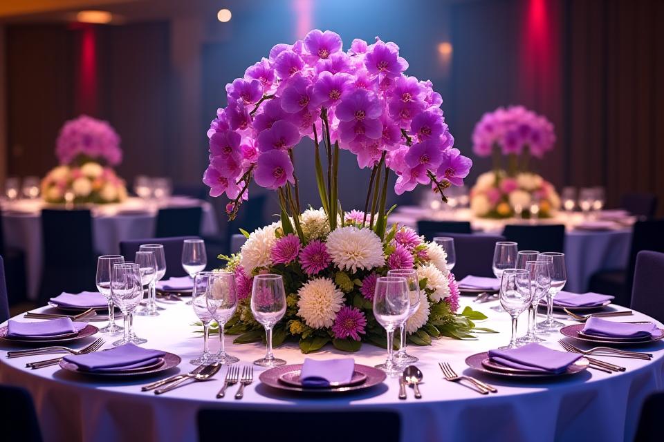 Et elegant dekorert gallaarrangement for bedrifter med orkideer.
