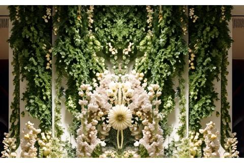 En storslått blomsterinstallasjon på et arrangement, med grønt og delikate blomster.