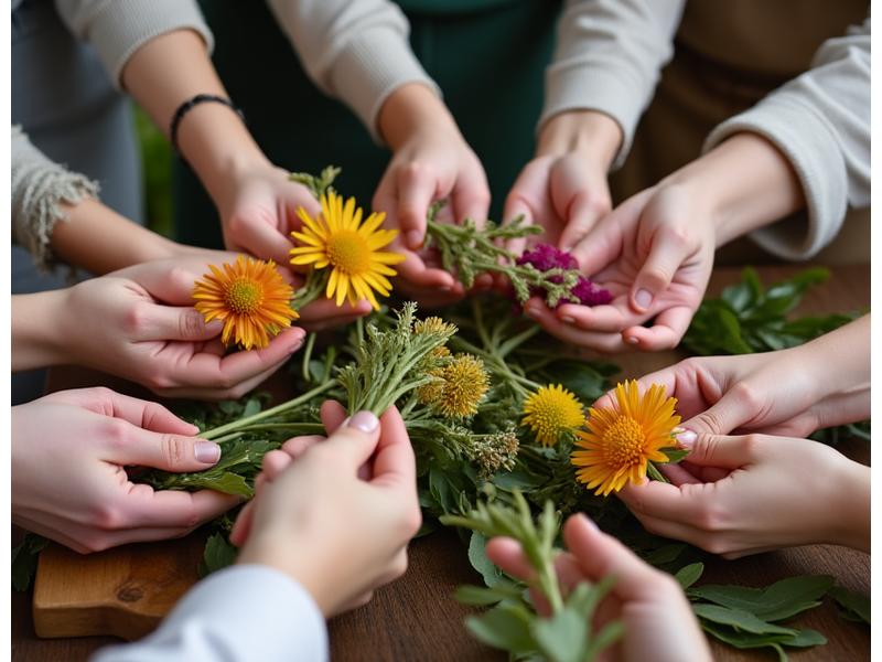En gruppe mennesker som deltar på et blomsterbindingskurs, fokuserer på hendene som arrangerer blomster.