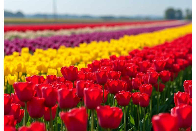 Fargerike tulipanmarker i Nederland under en blå himmel.